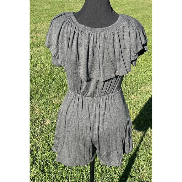 Ruffle Romper Womens Gray Off Shoulder Elastic Waist Knit Jersey Playsuit Casual - Picture 7 of 10
